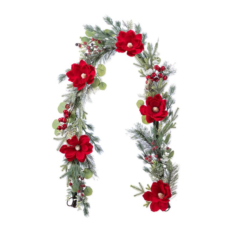 Glitzhome Christmas Artificial Plant Set, Red Mangnolia Wreath, Garland, and Set of 2 Entrance Potted Trees with LED Lights