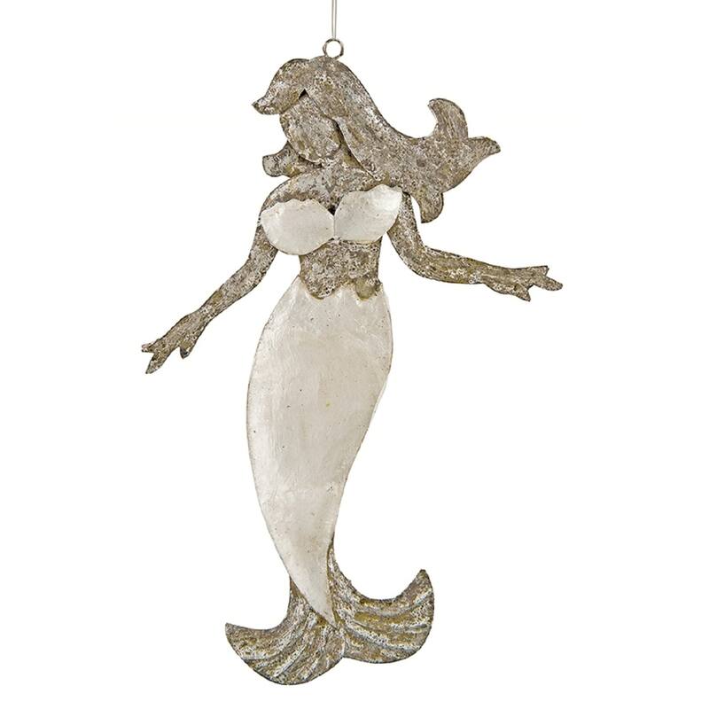 Shimmery Mermaid Capiz Shell Christmas Holiday Ornament 6.75 Inch - White
