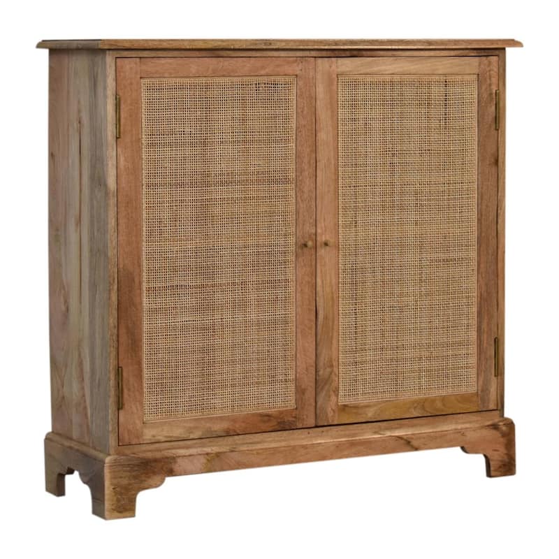 HomeRoots 34" Brown Solid Wood And Textured Rattan Accent Cabinet With Two Doors