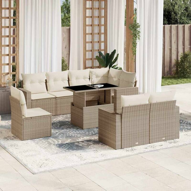 vidaXL Patio Sofa Set with Cushions Outdoor Furniture 9 Piece Poly Rattan - 21.7 x 39.4 x 28.7 - Beige and Cream-without storage