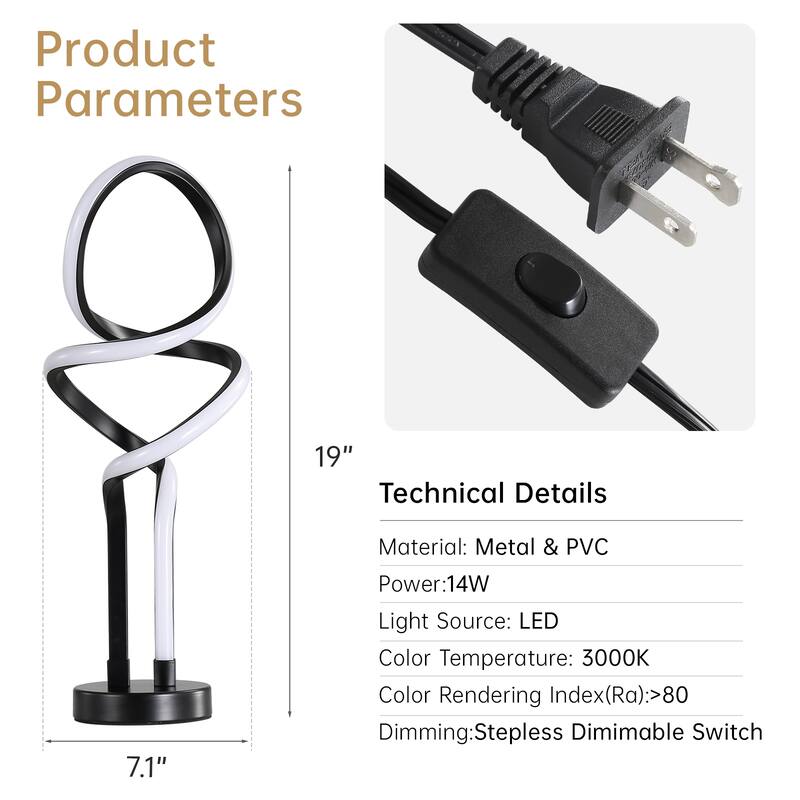 Sofuco LED Spiral Table Lamp Modern Dimming Brightness Beside Desk Light Bedroom - 19" * 7.7" * 7.1"