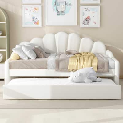 Full Size Velvet Upholstery Daybed Frame with Shall Shaped Backrest, Pull-out Trundle Bed with Wood Slat Support