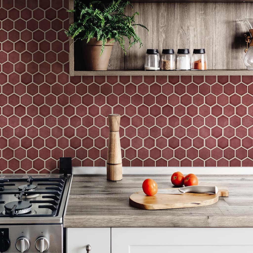 Merola Tile Tribeca 2" Hex Glossy Rusty Red 11-1/8" x 12-5/8" Porcelain Mosaic Floor and Wall Tile