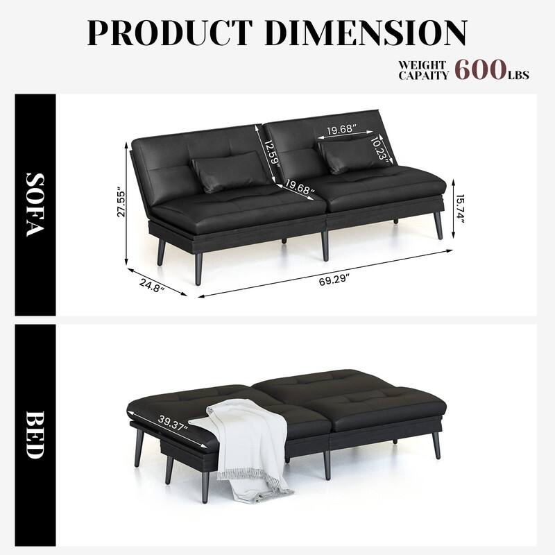 Grondin Convertible Futon Sofa Bed, 5-Angle Adjustable Backrest Sleeper Couch with 2 Pillows, Modern Style Recliner Lounge