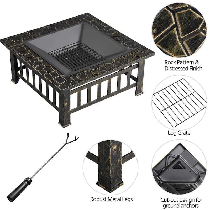 Yaheetech 32'' Metal Patio Garden Square Stove Fire Pit With cover