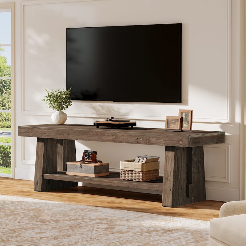 2-Tier Solid Wood TV Stand with Storage Shelves, Entertainment Center Television Console for 75-Inch TVs Living Room Bedroom