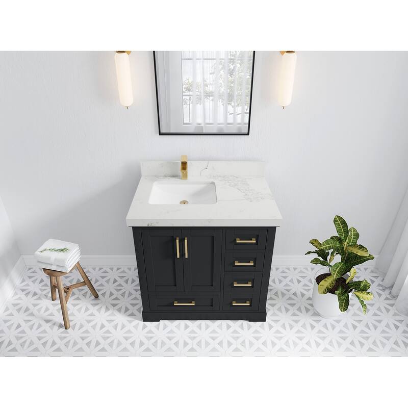 Willow Collections 36 x 22 Boston Left Offset Sink Bathroom Vanity with Quartz or Marble Countertop