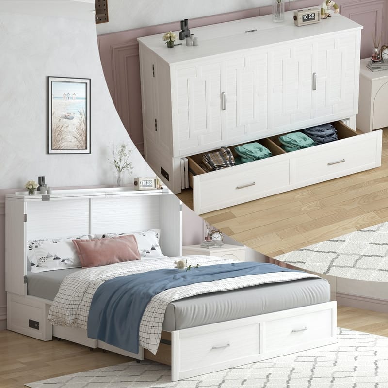 Mixoy Modern Murphy Bed Chest with Mattress,Storage Drawer,Charging Station