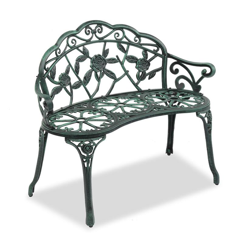 Outdoor Cast Aluminum Patio Bench with Curved Legs Rose Pattern