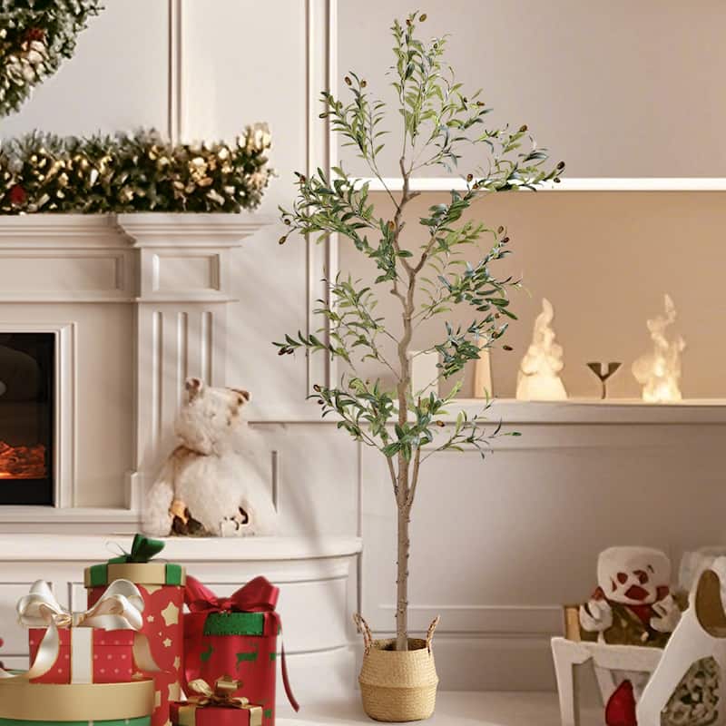 Artificial Olive Tree 59/71 Inch Tall Faux Silk Plant Indoor Fake Potted Tree with Wood Branches and Fruits - 71 Inch