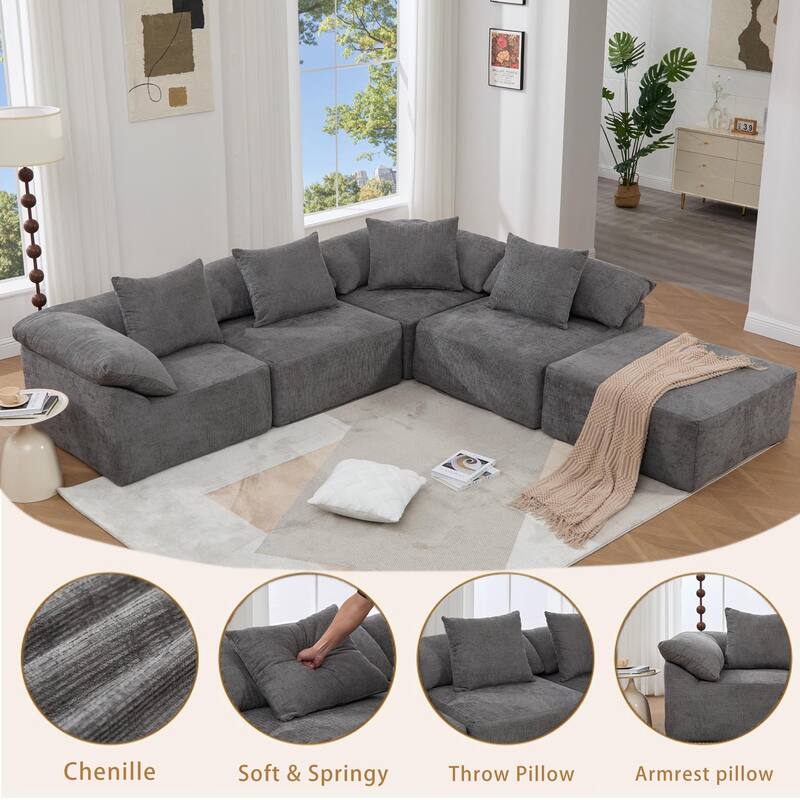 GDFStudio - Chenille L-Shaped Modular 5-Seater Sectional Sofa with Ottoman