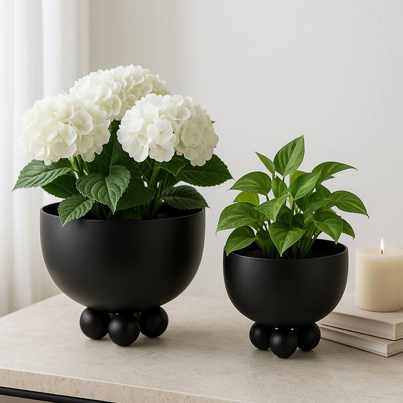 Metal Planters Modern Sleek Decorative Footed Bowl Design (Set of 2) - 10.5" x 10.5" x 9.25"