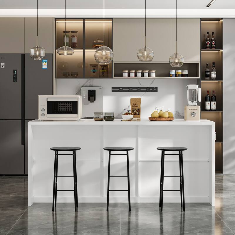 Modern Kitchen Island Buffet Cabinet with Storage Drawers and Tempered Glass Shelves, White Sideboard Cupboard