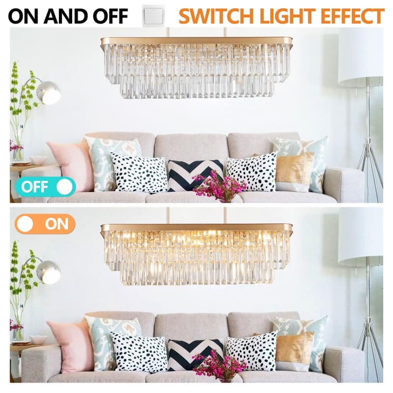 Adjustable Rectangular Crystal Chandelier - E12 Modern Industrial Farmhouse Ceiling Light with Iron Frame (Bulbs Not Included)
