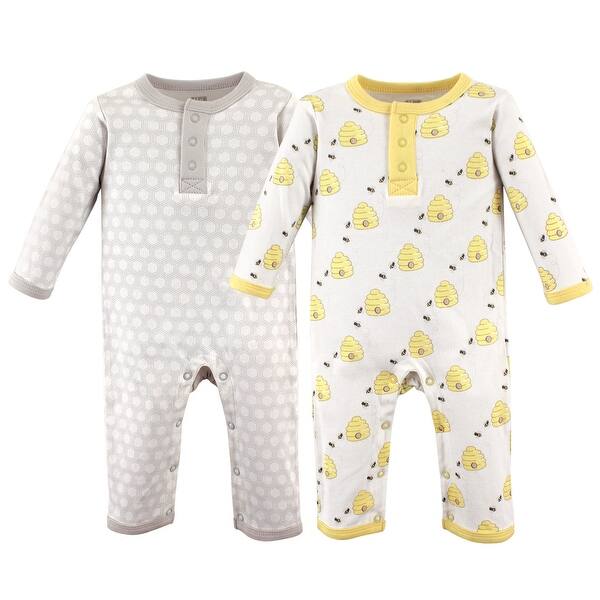 slide 1 of 1, Hudson Baby Infant Cotton Coveralls 2pk, Bee 0 - 3 Months - Yellow/Grey