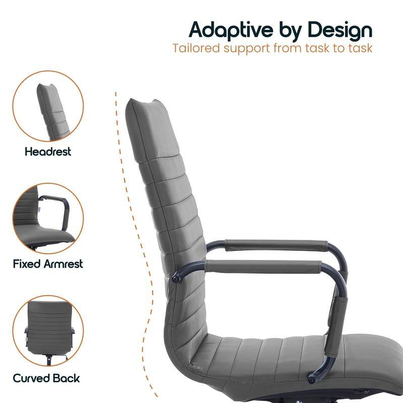 Harris Ribbed Leather Adjustable High-Back Desk Computer Swivel Office Chair in Black Metal Frame for Home Conference