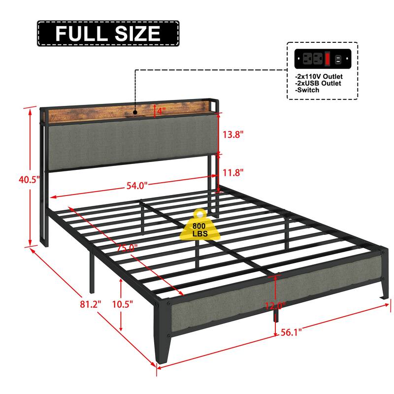 Upholstered Platform Bed Frame with Power Outlet & USB Ports & Shelf