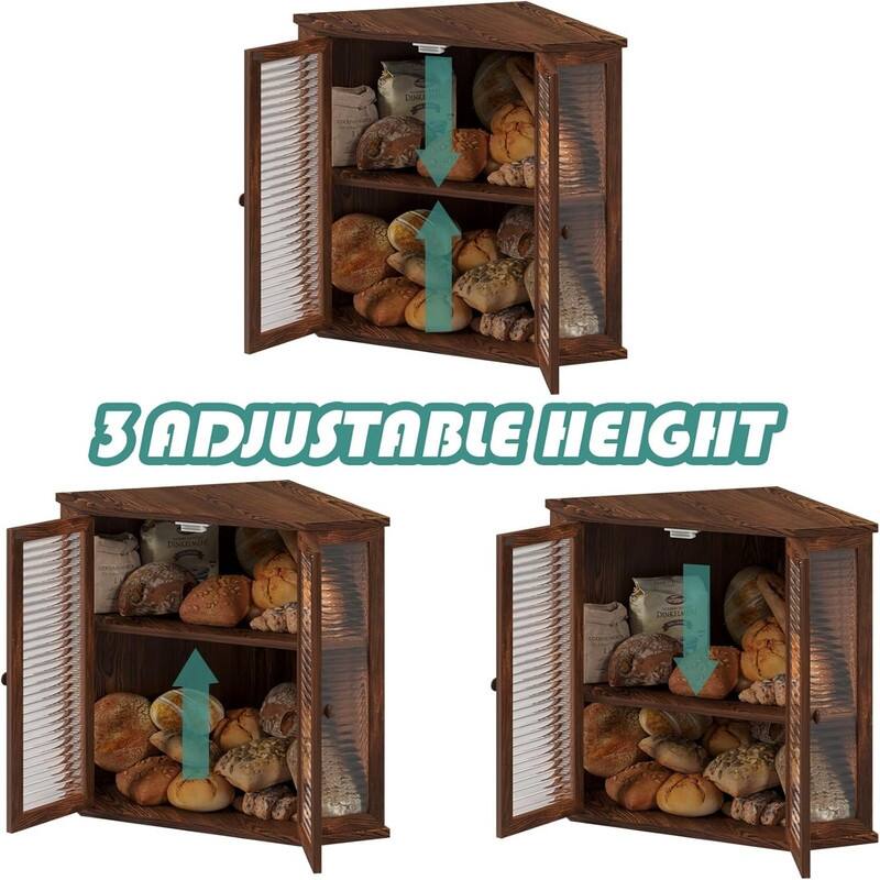 Extra-large locust wood square bread box 16.5-inch wooden bread box with glass wave door, farmhouse style design.
