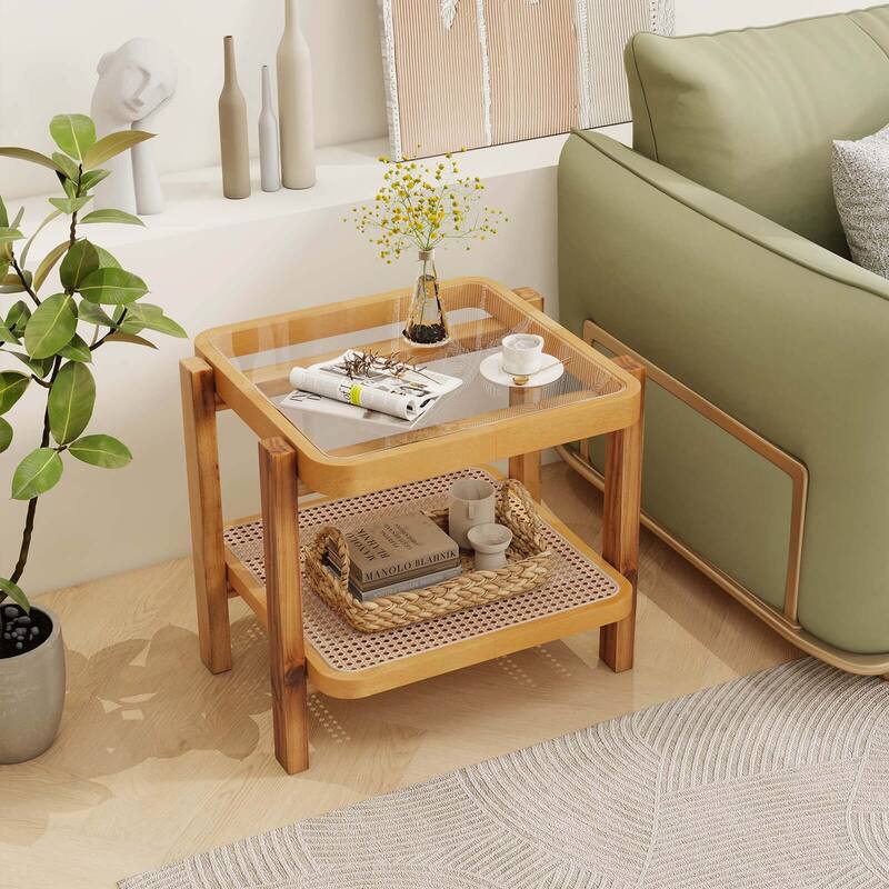 Costway 1/2 PCS End Table with Tempered Glass Top Acacia Wood Legs