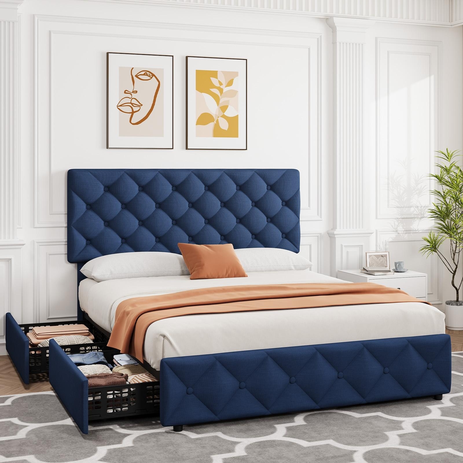Upholstered Platform Bed Frame with Adjustable Diamond Button Tufted Headboard & 4 Storage Drawers, No Box Spring Needed