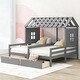 preview thumbnail 2 of 7, Gray Twin Pine House Platform Beds with Roof, Window, Storage Drawers