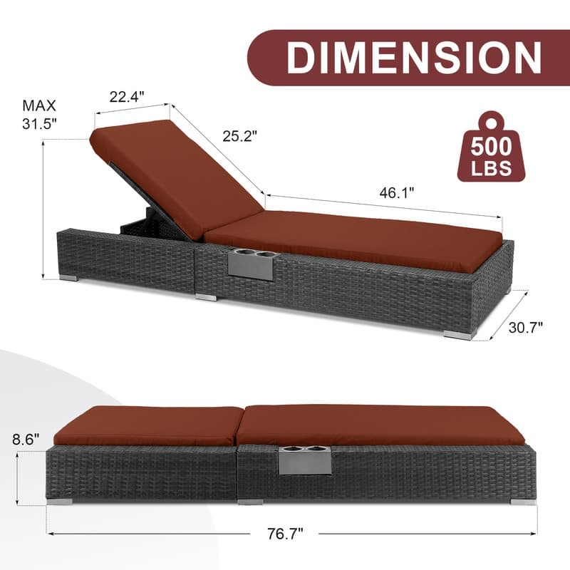 FINCATI Outdoor Oversized Chaise Lounge Chair, 500 lbs Luxury Patio Adjustable 5-Position Wicker Lounger for Pool (Set of 2)