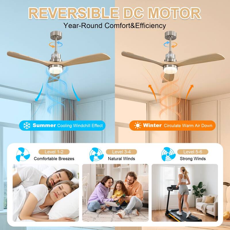 Sofucor 48/52 Inch Ceiling Fan with Light, Solid Wood Blades for Living Room, Bedroom,Smart Optional