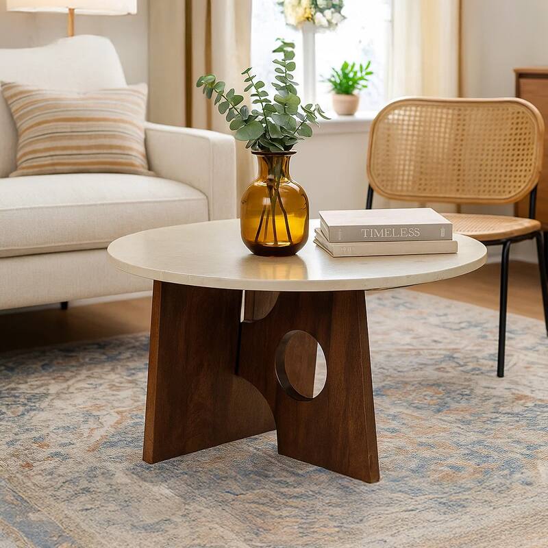 Kali Coffee Table 27" Natural Round Marble Tabletop Dark Brown Mango Wood Sculptural Base