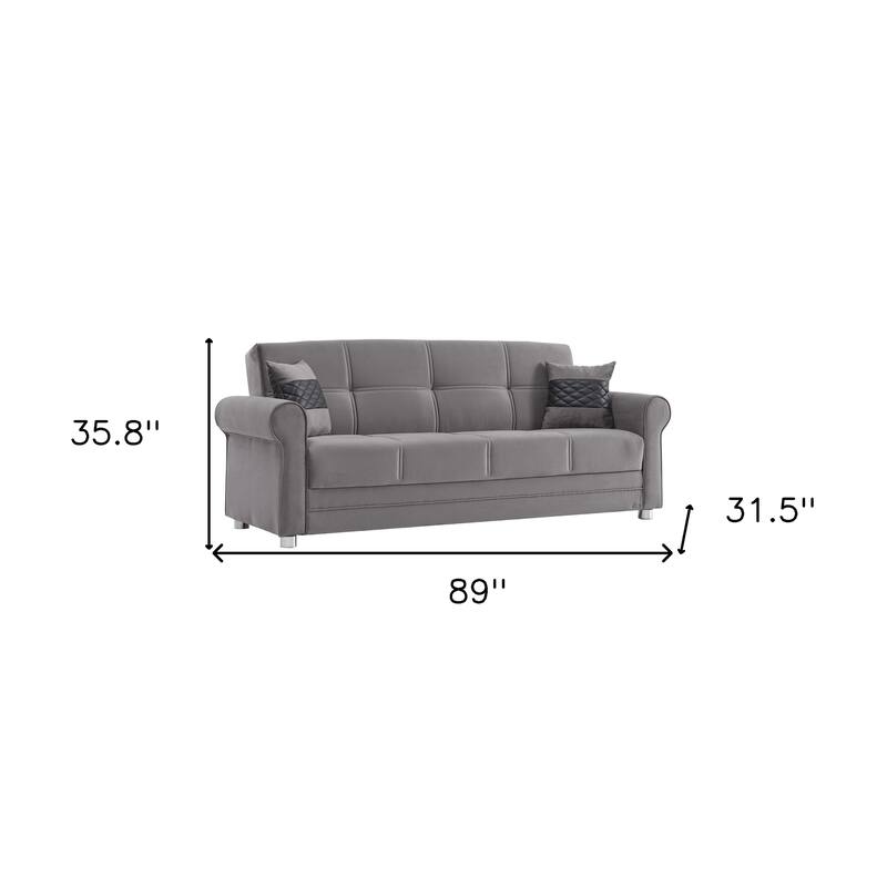 HomeRoots 89" Gray Microfiber Convertible Futon Sleeper Sofa And Toss Pillows With Storage