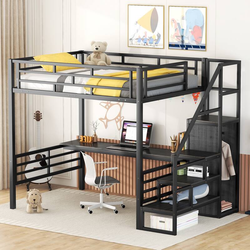 Black Full Metal Loft Bed with Desk, Storage Staircase, Wardrobe - Black