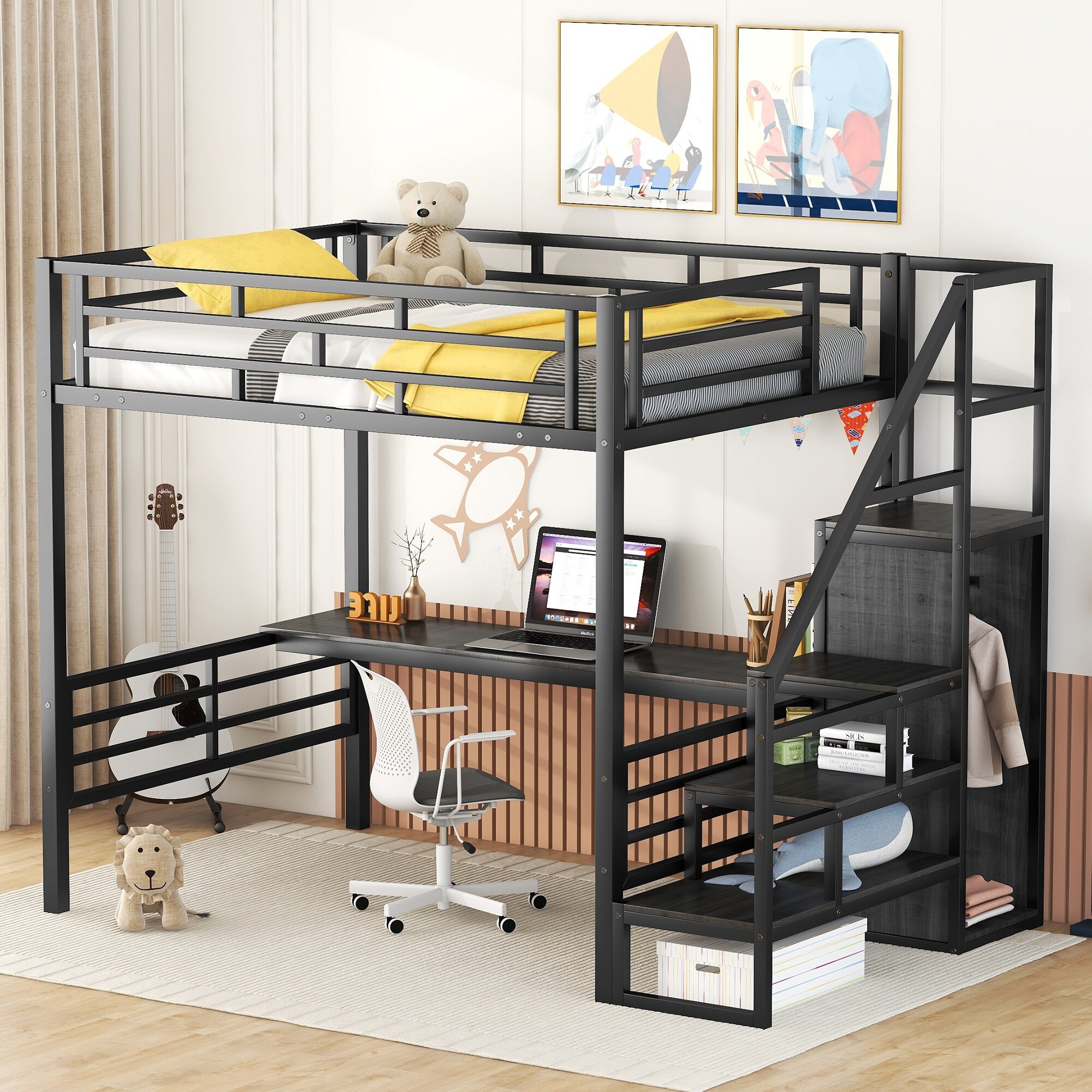 Black Modern Simple Full Size Wood Loft Bed with Hanging Clothes Racks