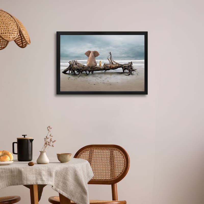 Elephant And A Dog Are Sitting On Driftwood Premium Framed Poster by Mike Kiev