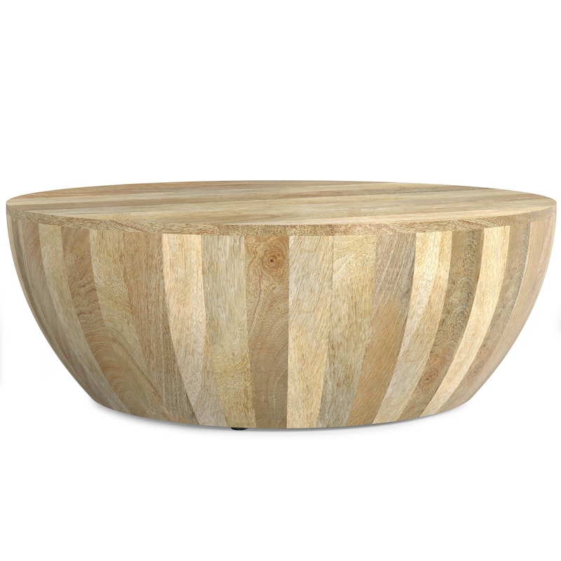 WYNDENHALL Keystone 34" Wide Solid Mango Modern Industrial Drum Coffee Table & Assembled - 34"d x 34" w x 12"h