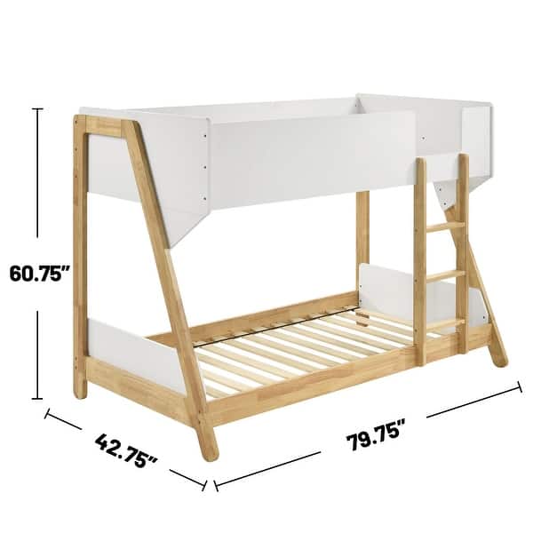 Wooden Twin Over Twin Bunk Bed with Ladder in White and Natural - Bed ...