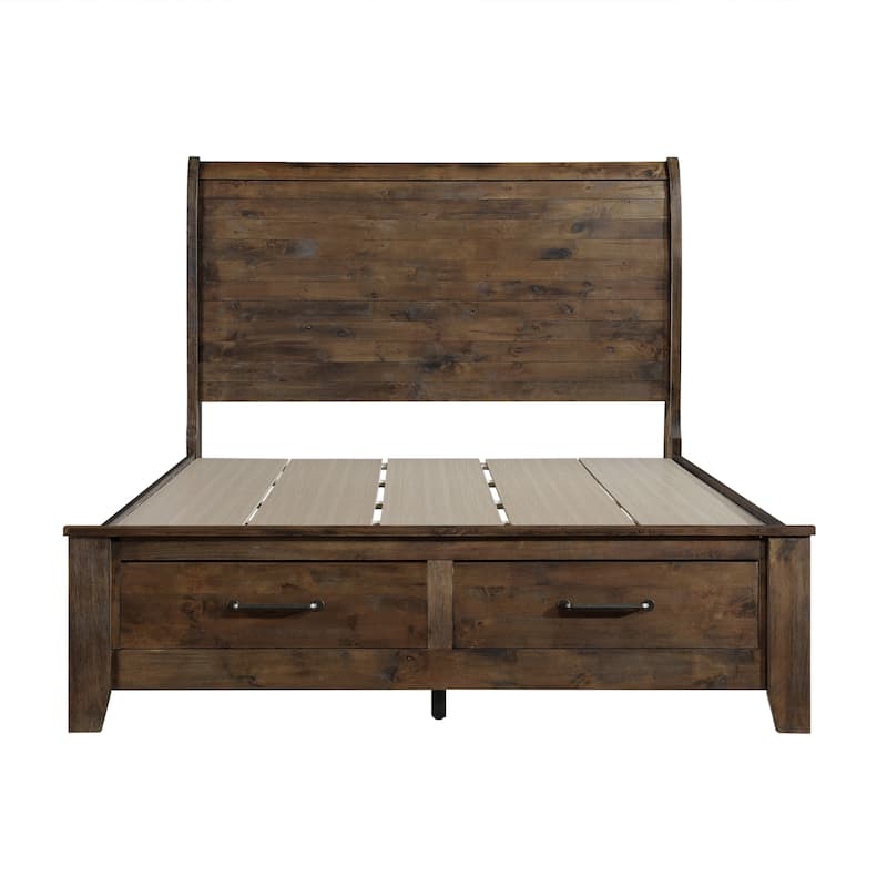 Rick Queen Size Platform Bed, Sleigh, 2 Footboard Storage, Brown Rubberwood