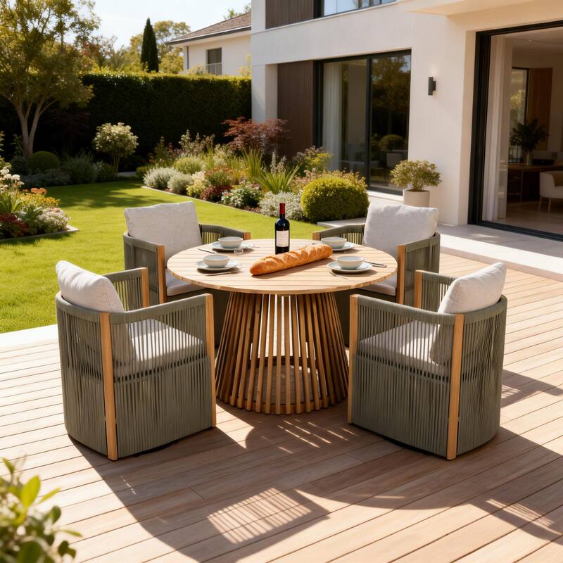 Christopher Knight Home - Roslyn 5-Piece Outdoor Acacia Wood Swivel Dining Set with Rope Woven Wicker Chairs & Round Slat Table