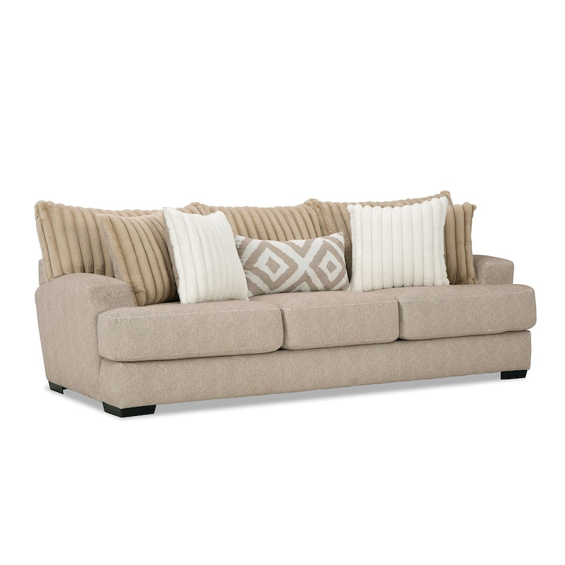 Laila Sofa, 5 Accent Pillows, 98 Inch Solid Wood, Light Brown Chenille