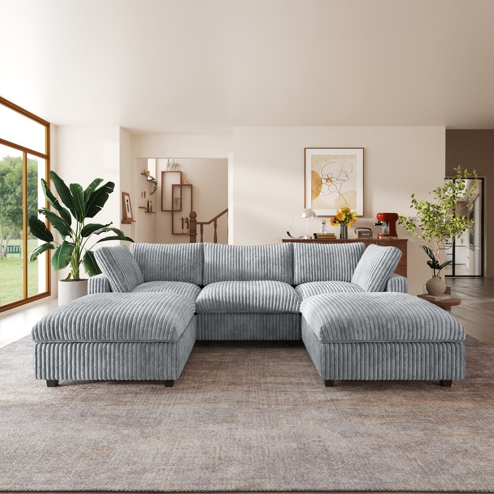 118'' U-shape Plush Fabric Upholstered Sectional Sofa 3 Seats with 2 Ottoman Modular Couch