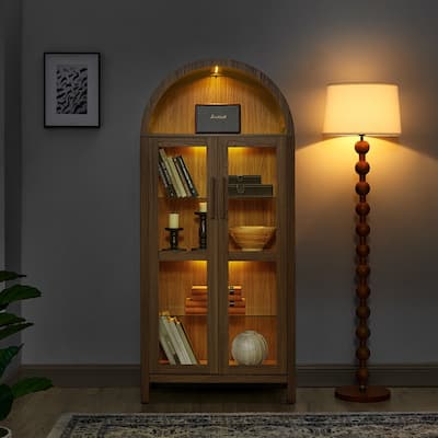 67" Tall Arched Kitchen Pantrywith a lamp,modern retro-style wooden storage cabinet with adjustable glass partitions