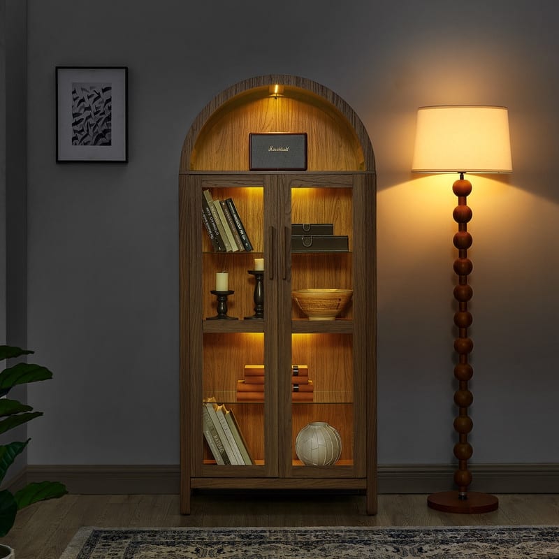 67" Tall Arched Kitchen Pantrywith a lamp,modern retro-style wooden storage cabinet with adjustable glass partitions