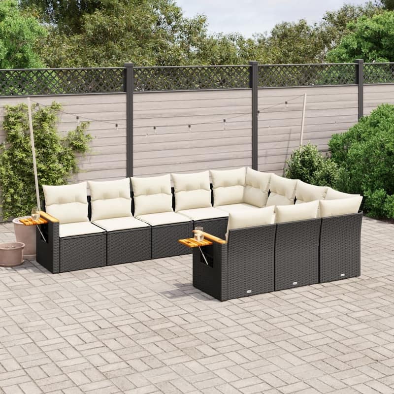vidaXL Patio Sofa Set with Cushions Outdoor Conversation Furniture Poly Rattan - 24.4 x 33.5 x 27.2 in - Black and cream without table