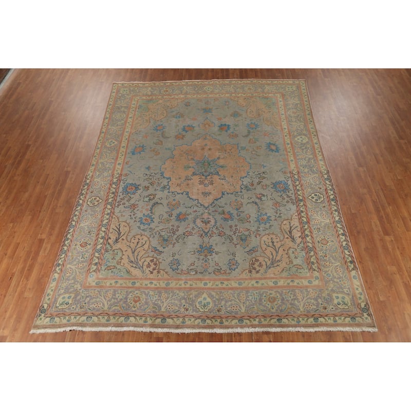 Floral Green Tabriz Persian Vintage Area Rug Hand-Knotted Wool Carpet - 9'7"x 12'11"