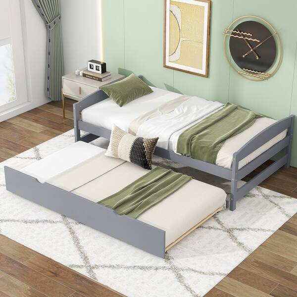 slide 2 of 10, Gray Modern Twin Size Platform Bed with Twin Size Trundle Wood Bed Frame Gray
