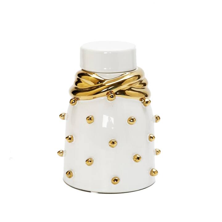 White Ceramic Jar With Gold Elegant Detail And Studded