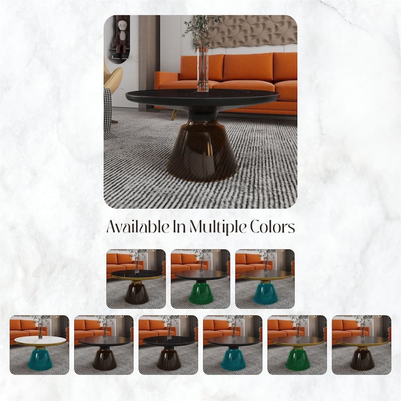 30-Inch Round Coffee Table Glass/Stone Tabletop with Black Iron Rim Frame Glass Pedestal Base