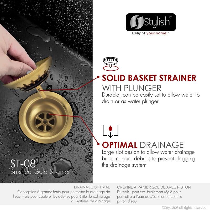 STYLISH 3.5 Inch Kitchen Sink Deep Strainer with Removable Basket in Brushed Gold - Drain Opening: Fits Standard 3.5"
