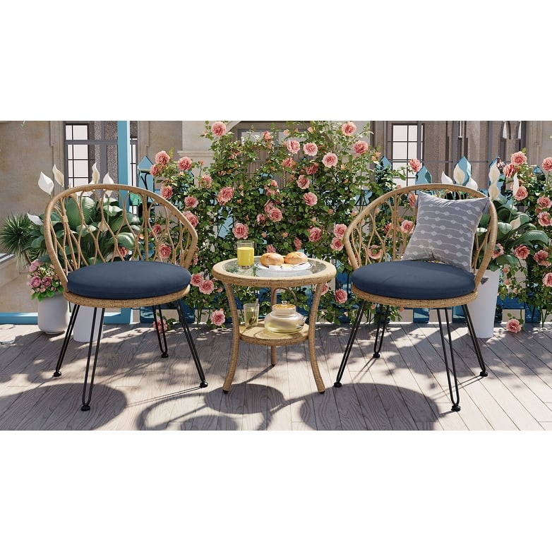 Outdoor Leisure Set,2 Rattan Single Chairs With A Glass Round Table,Perfectly Suited For Patios,Balconies,And Courtyards