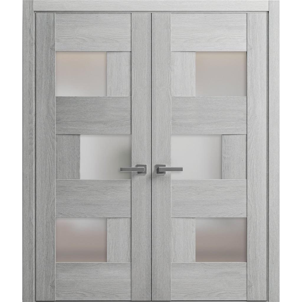 SartoDoors Sete 6933 | Interior French Doors Double French | Solid Wood w/ Glass | Slab Only | 36x80, Light Grey Oak