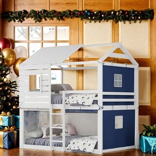 Twin Size Wood Bunk Bed With Tent And Ladder For Children, Twin Size Wood Tent Loft Bed