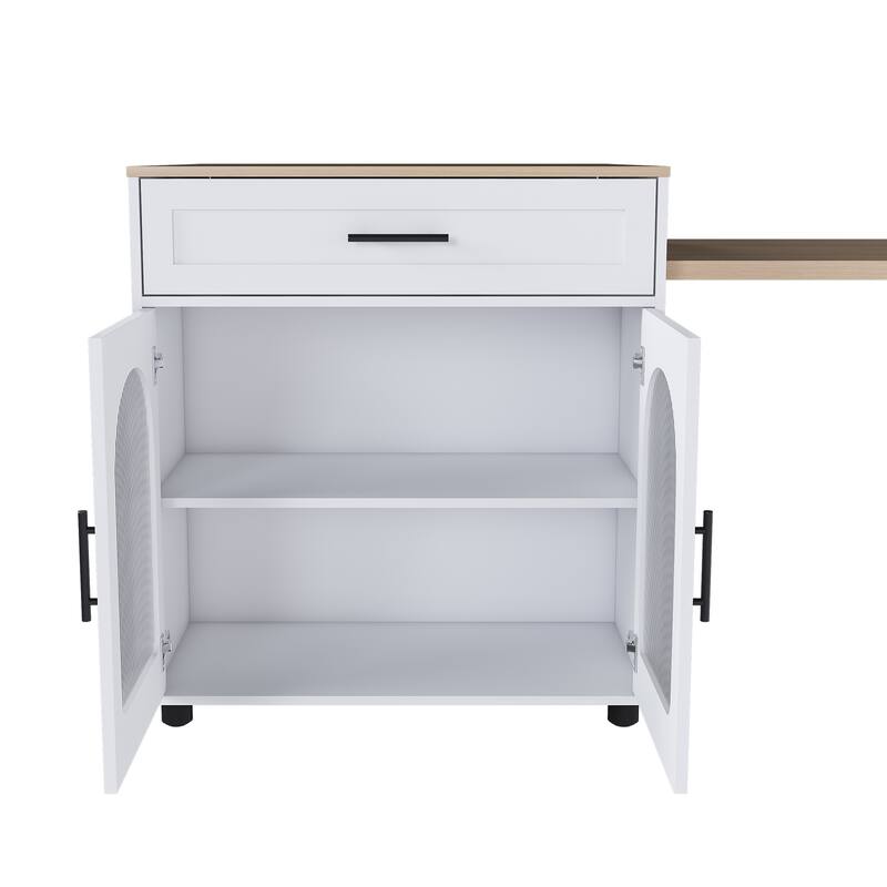 80" Expandable Kitchen Island with Dining Table with Marble-Grain Countertop with Power Outlet